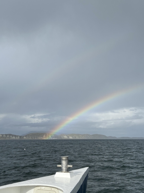       Rainbow arching across a cloudy sky.
  