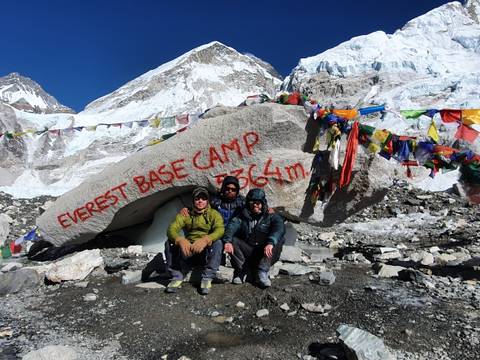 Group of people sitting in front of a sign that says 'Everest Base Camp 5364m'.