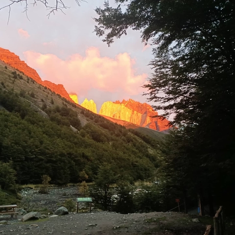 Mountains glowing at sunrise with dense forest below.