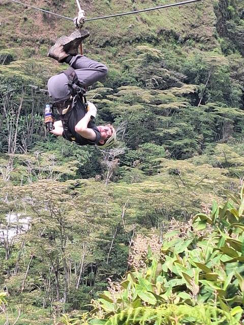 Person ziplining through a forested area.