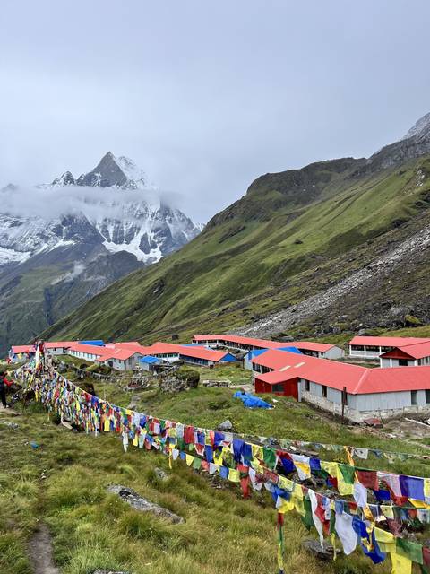       View of mountains with prayer flags in the forefront.
  