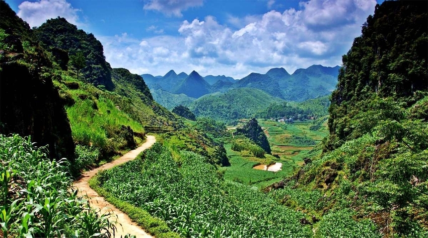       Scenic view of a lush green valley with a winding path through the mountains.
  