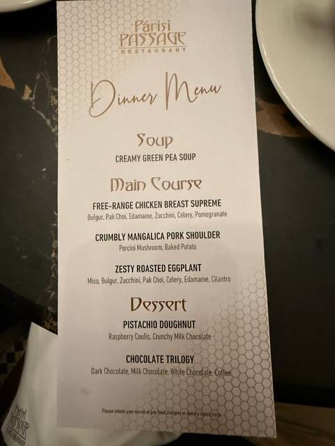 Dinner menu with various dishes listed