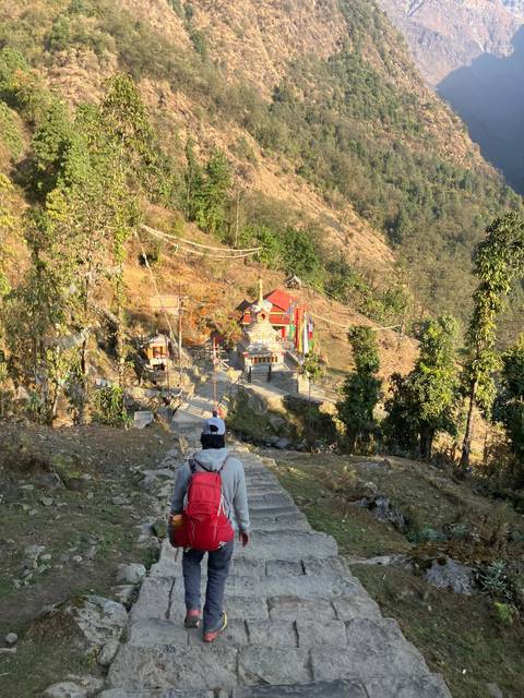 A person climbing stairs in a hilly landscape.