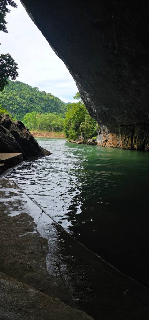 View from inside a cave looking out to water and greenery.