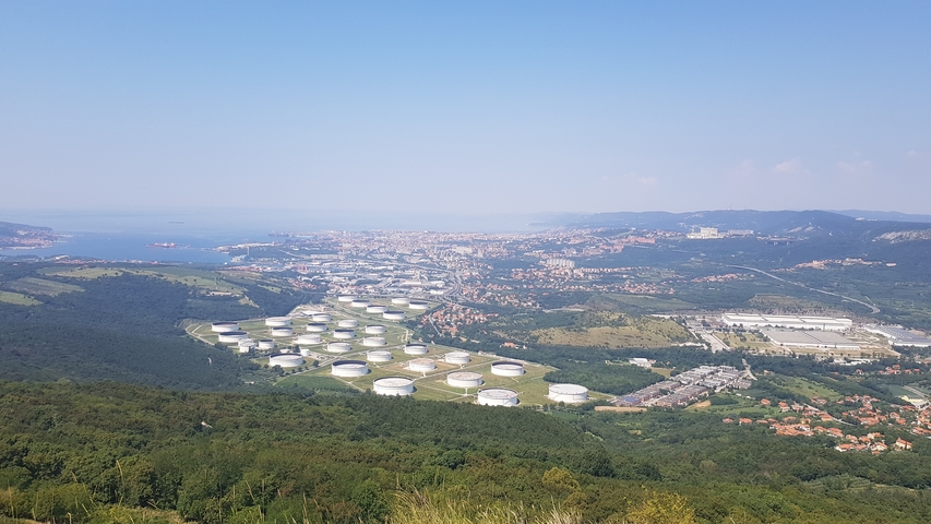 Aerial view of a coastal city with storage tanks.