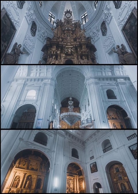       Interior archway and chandelier in a collage format.
  