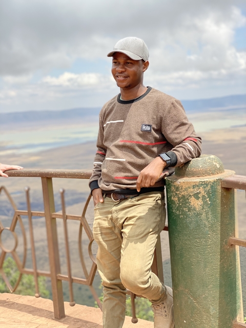       Person leaning on a railing with a large vista in the background.
  