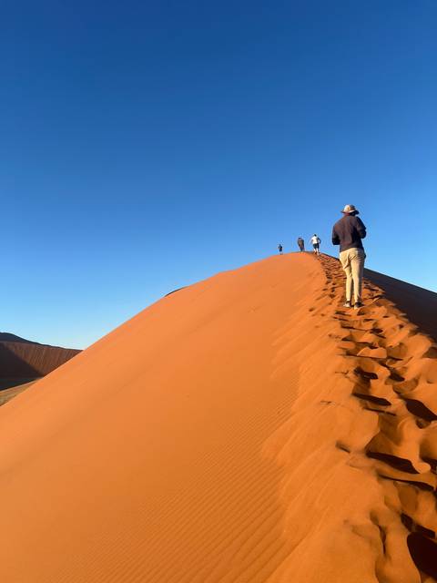 People walking up a sand dune in the desert.