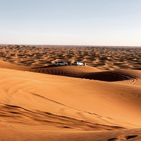       Cars parked on sand dunes in a desert
  