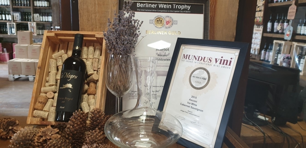       Display of wine bottles and awards in a winery setting.
  