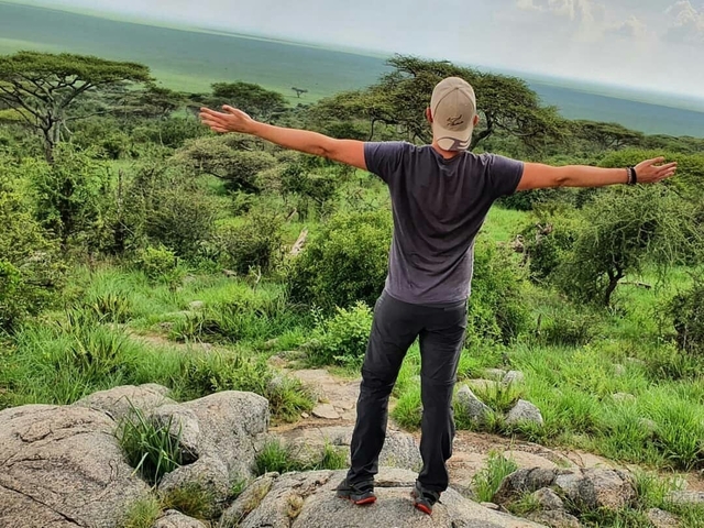 Person with open arms enjoying the view of a green landscape.