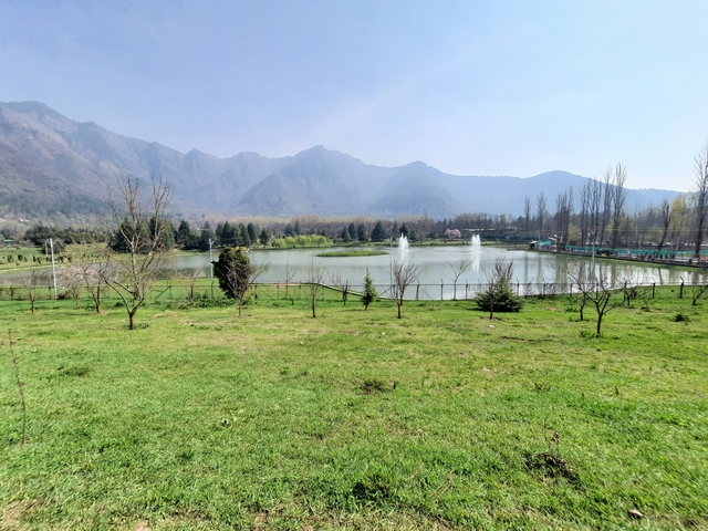 Green landscape with fountain and mountains in the background.