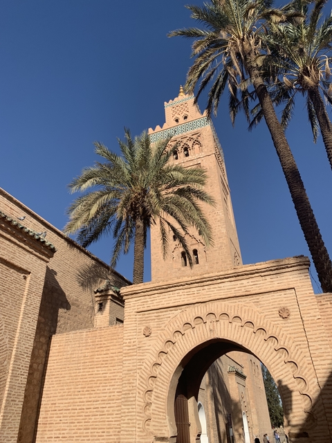       Tall mosque tower with a palm tree in front.
  