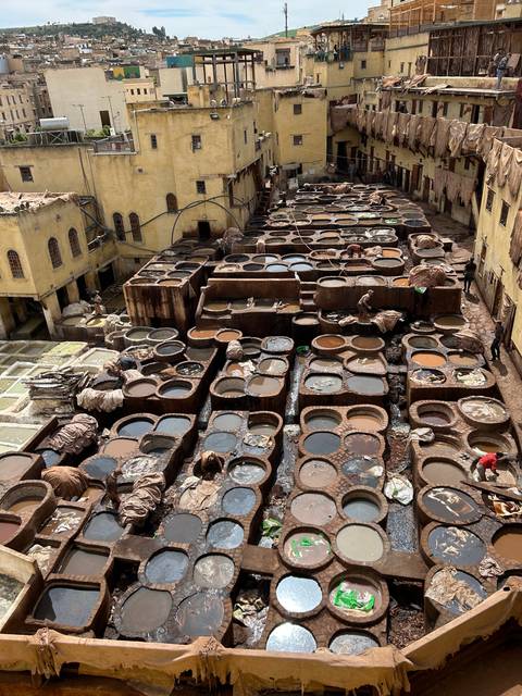       Traditional Moroccan tannery with dye pits.
  