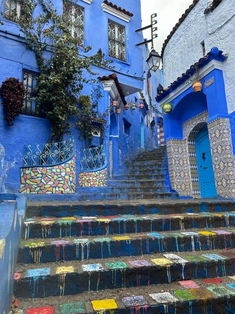      Blue-painted steps and buildings in Chefchaouen.
  