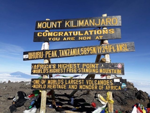       Sign at Uhuru Peak on Mount Kilimanjaro summit.
  