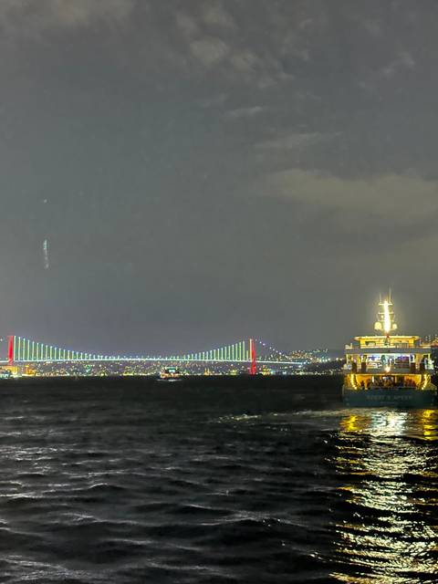 Tilted image of city lights and a bridge over water at night.