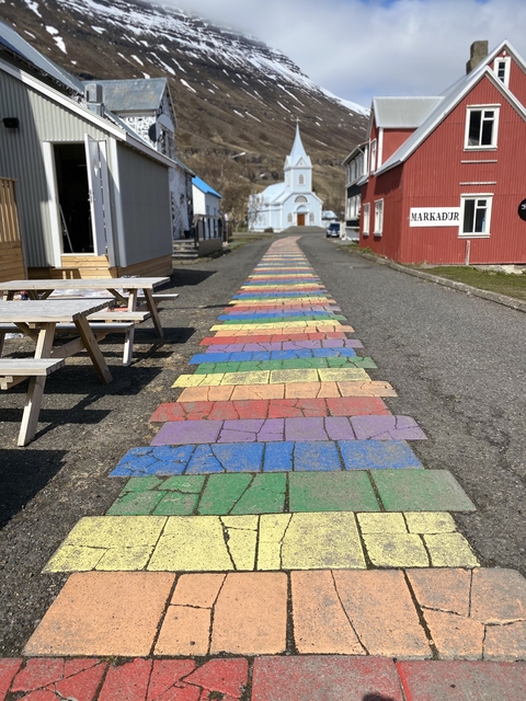A colorful pathway with painted stones leading through a village.