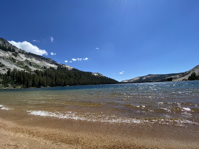 High lake with mountains and forest in the background.