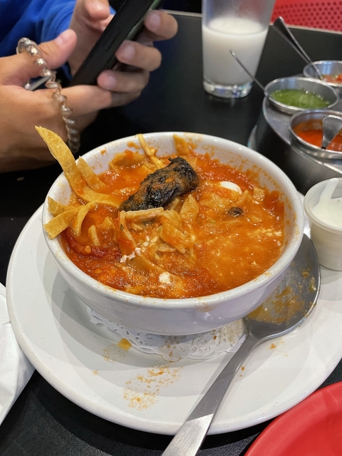       Bowl of traditional Mexican soup with toppings
  