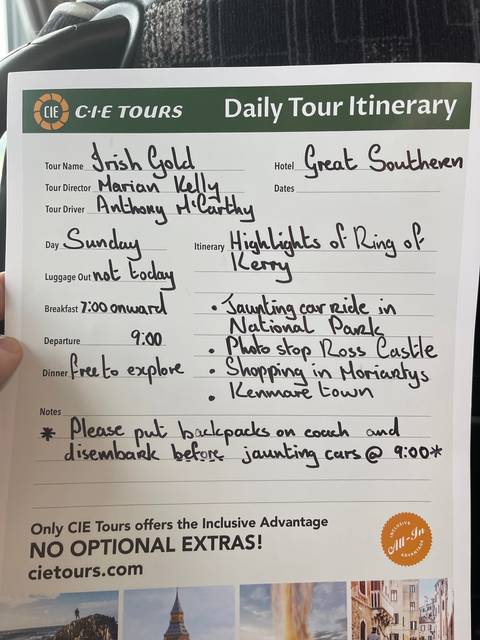 Travel itinerary with handwriting on paper.