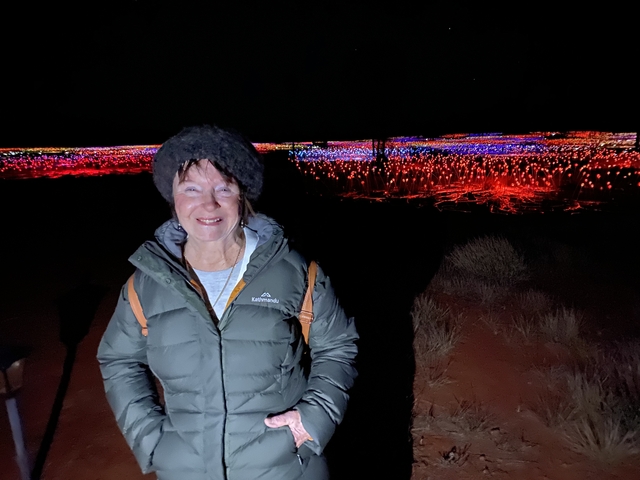       Person standing in front of a colorful light display at night.
  