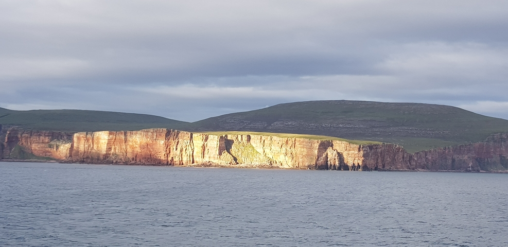       Sunlit sea cliffs post rain.
  