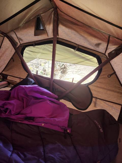 Interior of a tent with a purple sleeping bag.