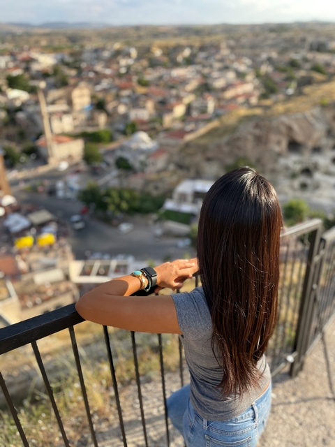       Person looking out over a historical city from a high vantage point.
  