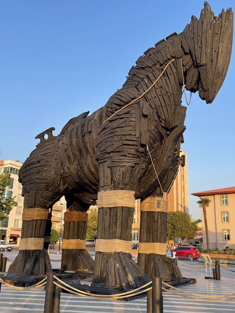       Wooden horse structure on display in a public area.
  