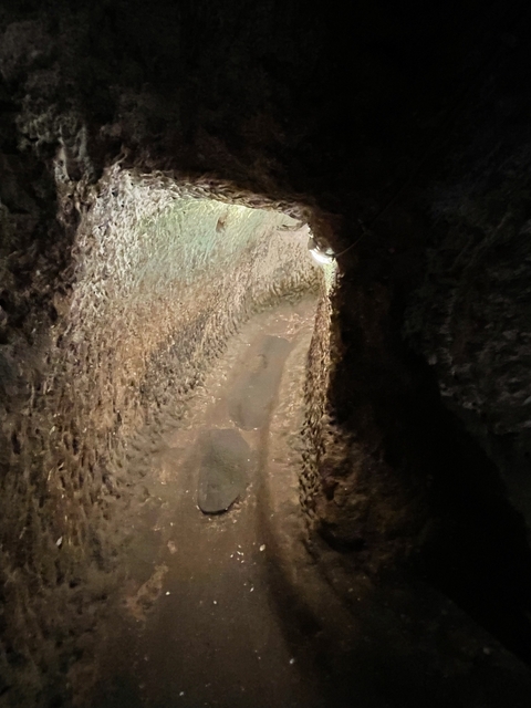       Narrow rocky tunnel with minimal lighting.
  