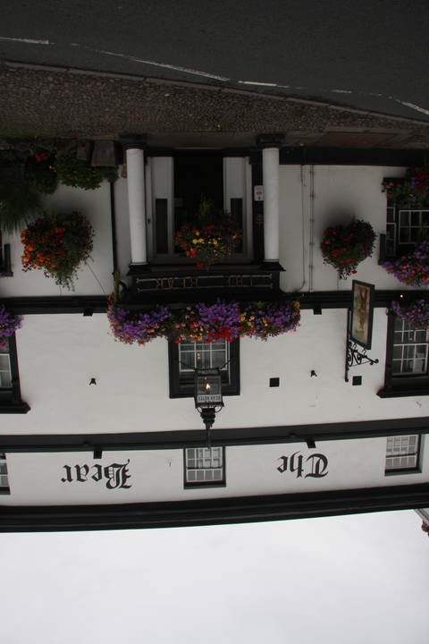 White building with bright flowers under a sign.