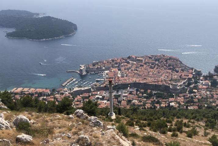       Aerial view of Dubrovnik's iconic Old Town surrounded by the ocean.
  