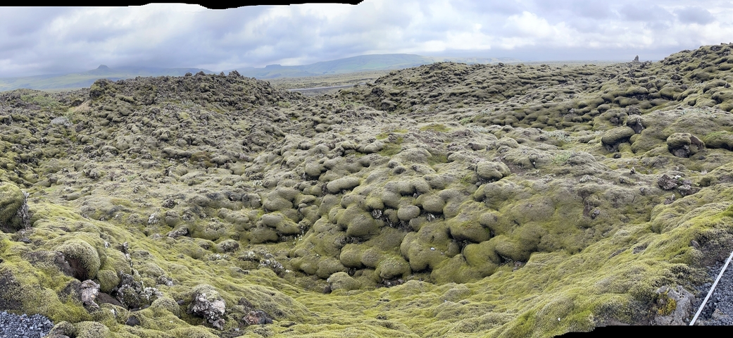       Moss-covered volcanic landscape under cloudy skies.
  