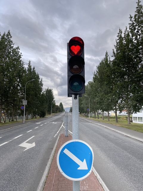       Traffic light on a quiet urban street.
  