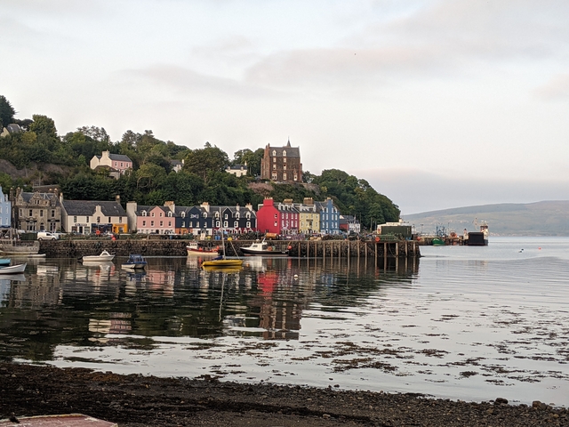 Picturesque town with colorful buildings by the water.