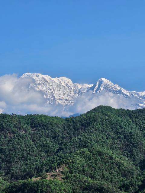       Snowy mountain peak against a clear blue sky.
  