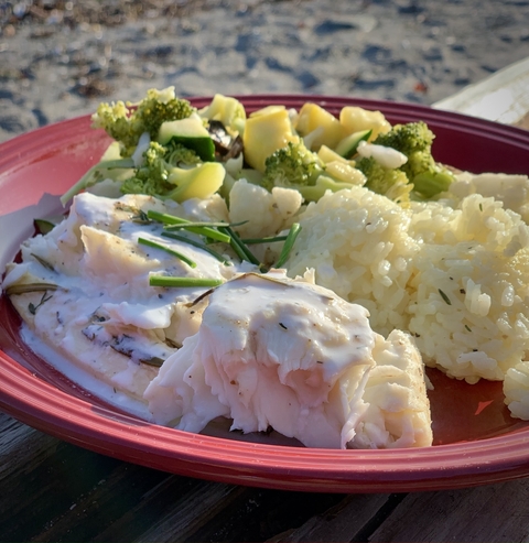       Plate of white fish with rice and vegetables.
  