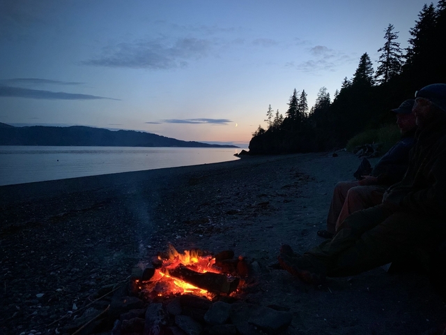       People sitting by a campfire on a beach at night.
  