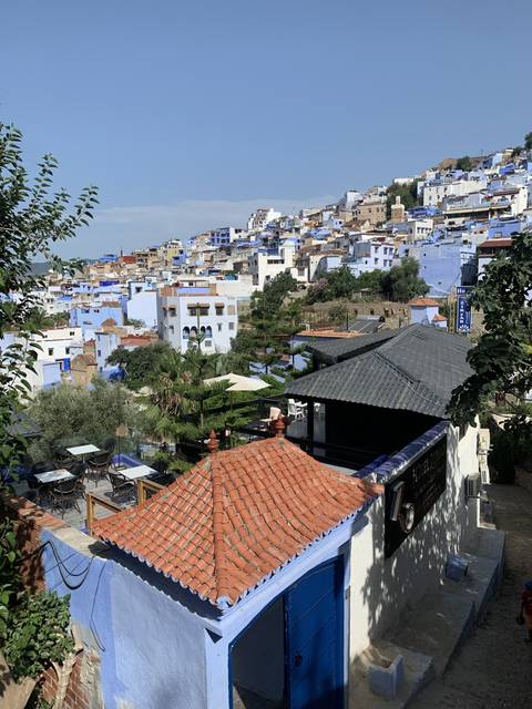 View of blue and white painted buildings in Chefchaouen.