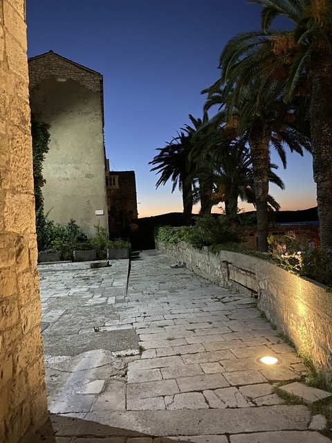       Stone alleyway with palm trees and sunset in the background.
  