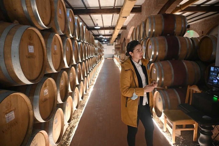       Large wine barrel cellar with a tour guide.
  