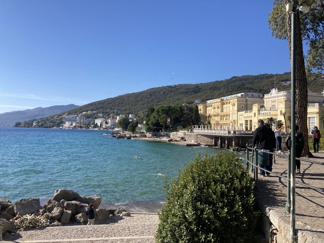 Coastal view in Opatija with a promenade.