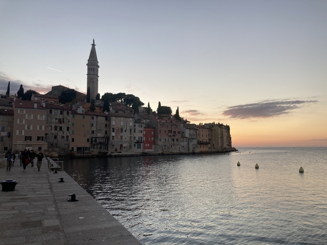       Coastal view of Rovinj at sunset.
  
