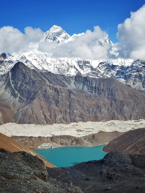 Mountain range in Nepal with snow-covered peaks.