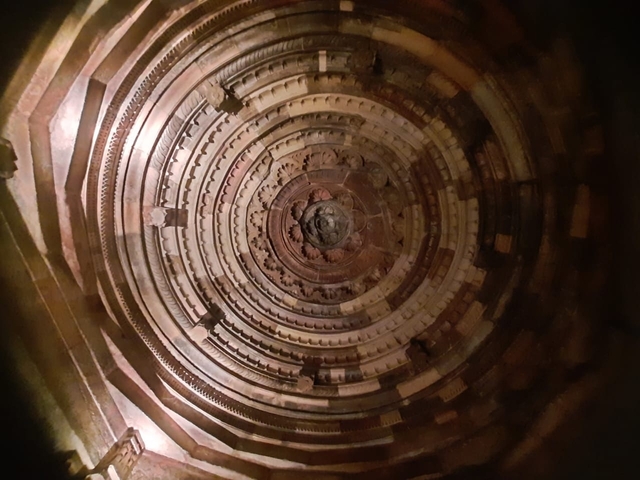 Decorative ceiling with intricate patterns.