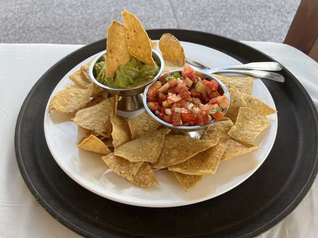 Plate of nachos with guacamole and salsa.