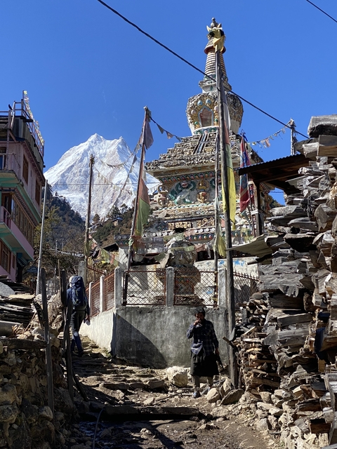       Person with backpack near a colorful religious chorten with mountains.
  