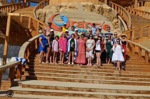       Large group of people posing on wooden stairs.
  